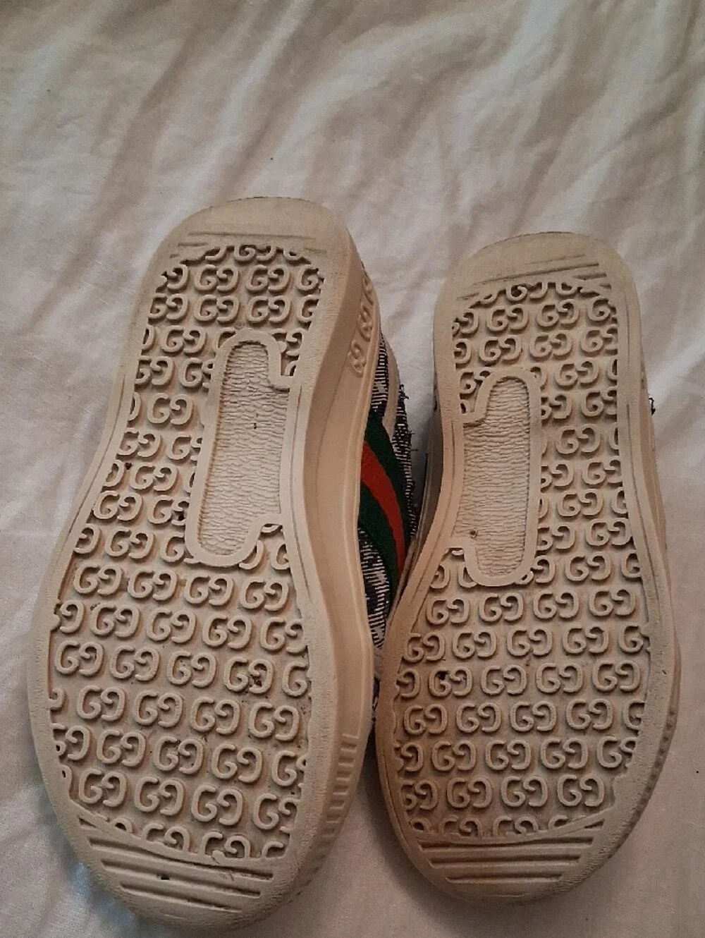 Authentic Gucci Kids Blue Monogram Sneakers with Green & Red Stripe